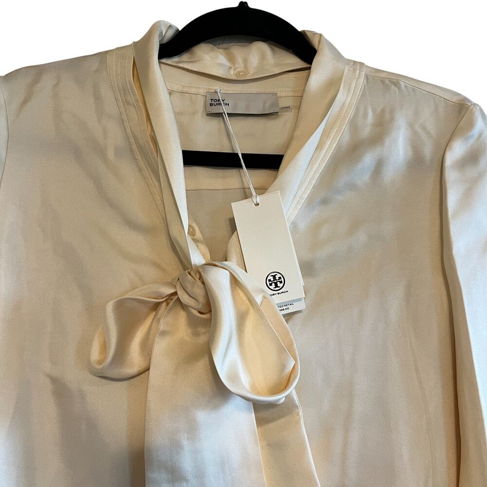 Tory Burch Silk Bow Long Sleeve Blouse French Cream Size 4 - Picture 3 of 10